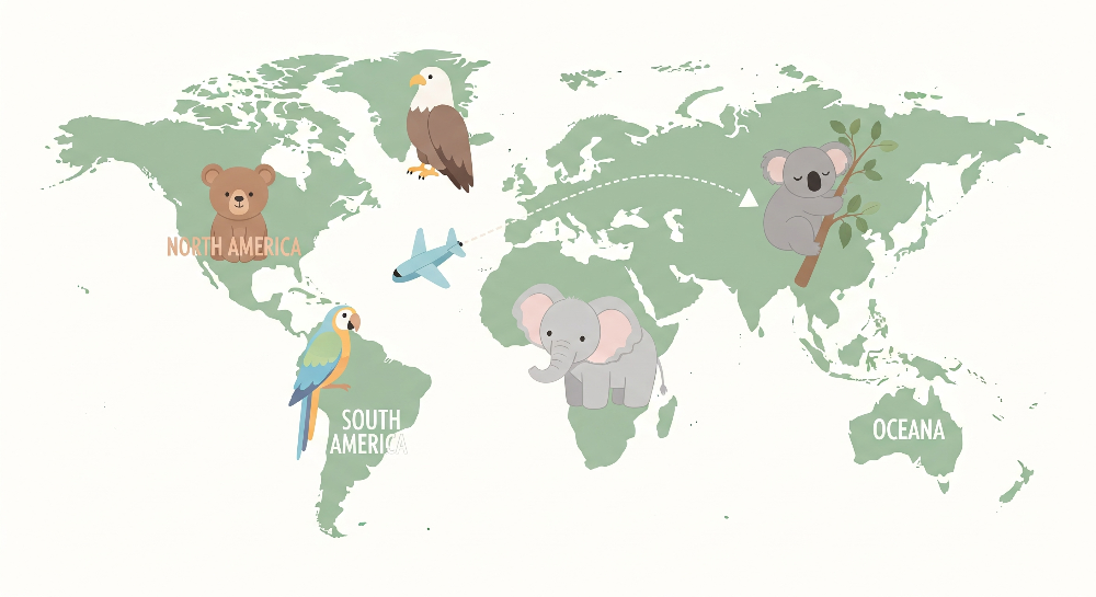 Labelled World Map with Elephant, Koala and Bear Wall Mural
