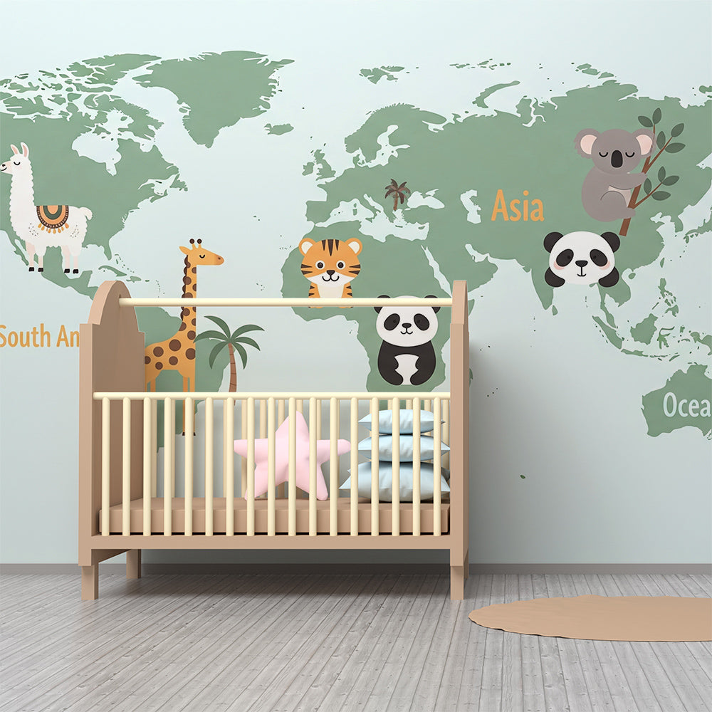 Kids-Mundo world map wall mural with llama and panda cub covering a wall in a kids' bedroom