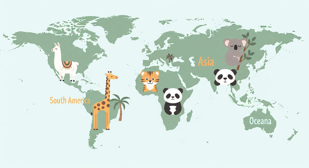 Labelled World Map with Cute Baby Animals Wall Mural