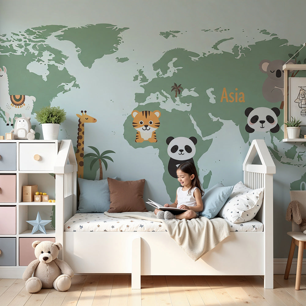 Kids-Mundo labelled world map wall mural with cute animals styled behind a cot in a soft nursery
