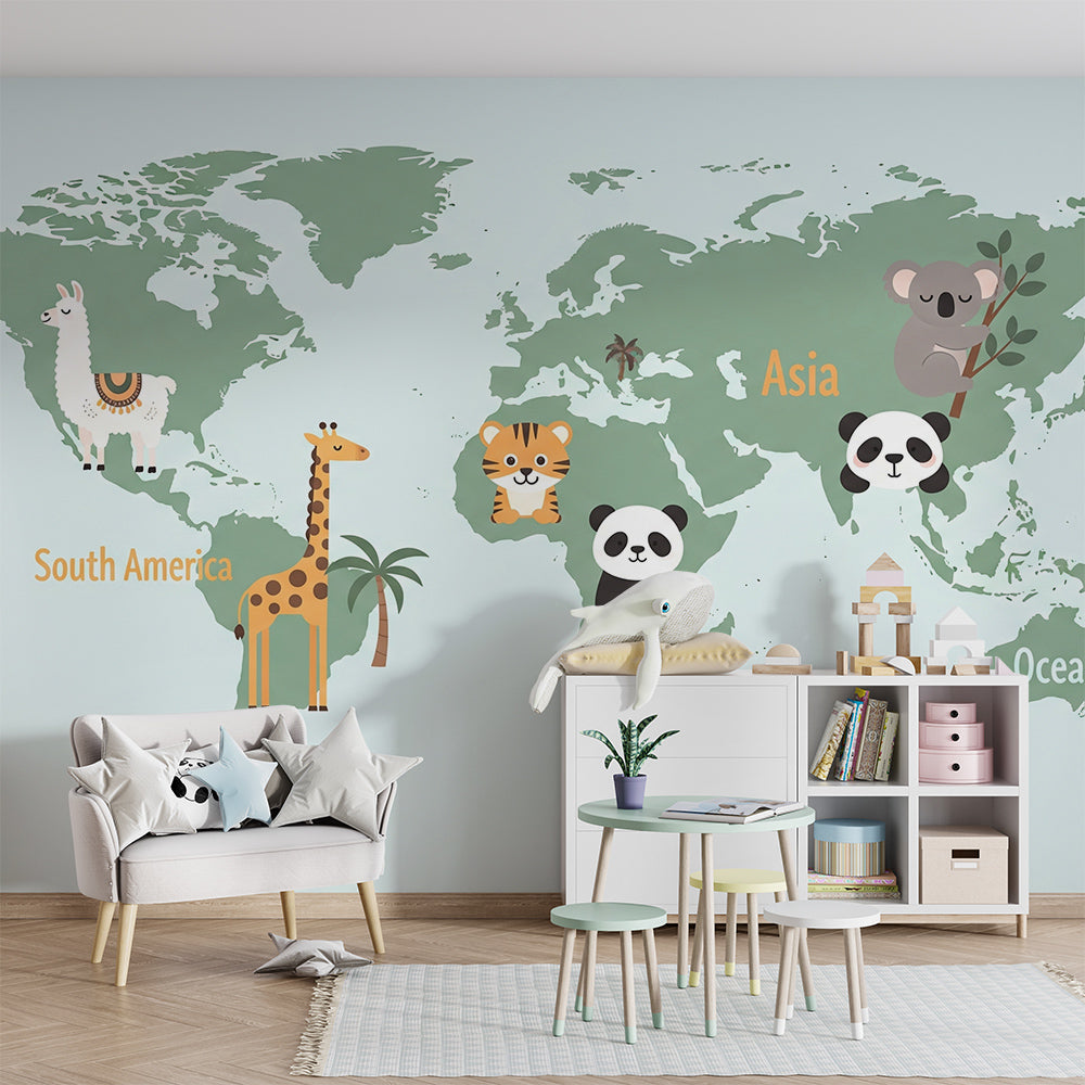 Kids-Mundo labelled world map wall mural bringing a tiger and koala into a children's playroom