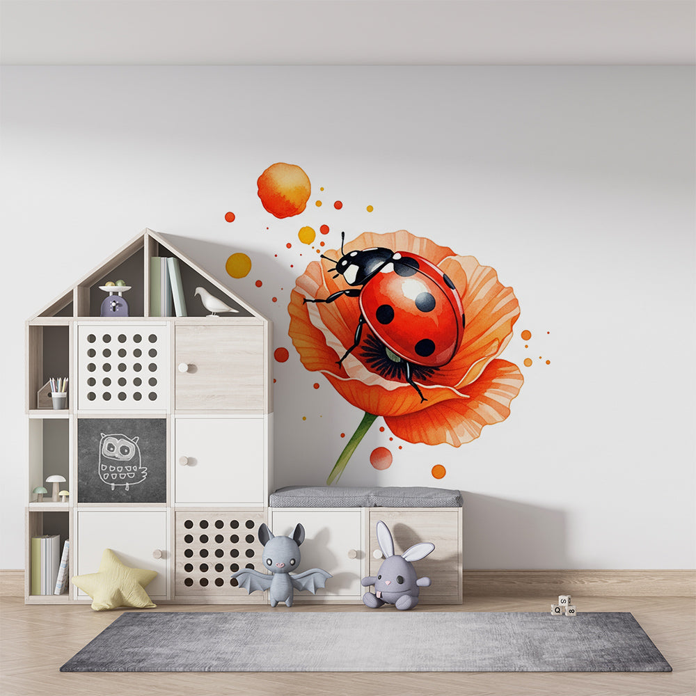 Ladybird on a poppy wall mural by Kids-Mundo as an accent wall in a kids bedroom