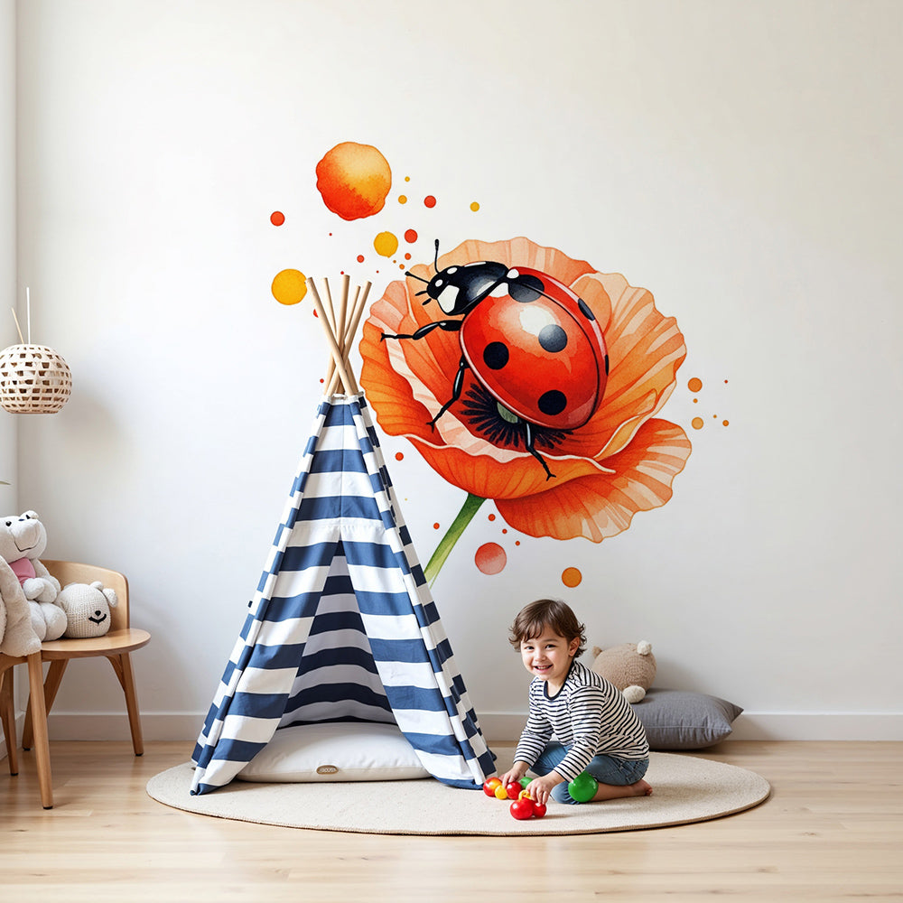 Kids-Mundo ladybird wall mural above a white cot in a soft, sunlit nursery room