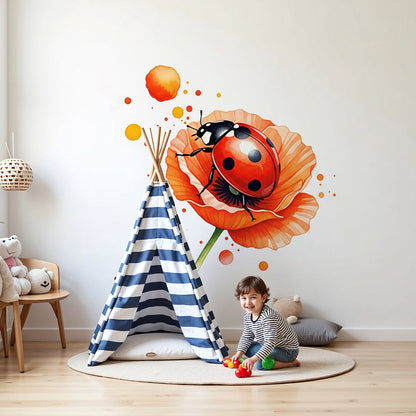 Kids-Mundo ladybird wall mural above a white cot in a soft, sunlit nursery room