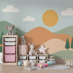 Rolling hills wallpaper creating peaceful children's bedroom atmosphere with natural tones