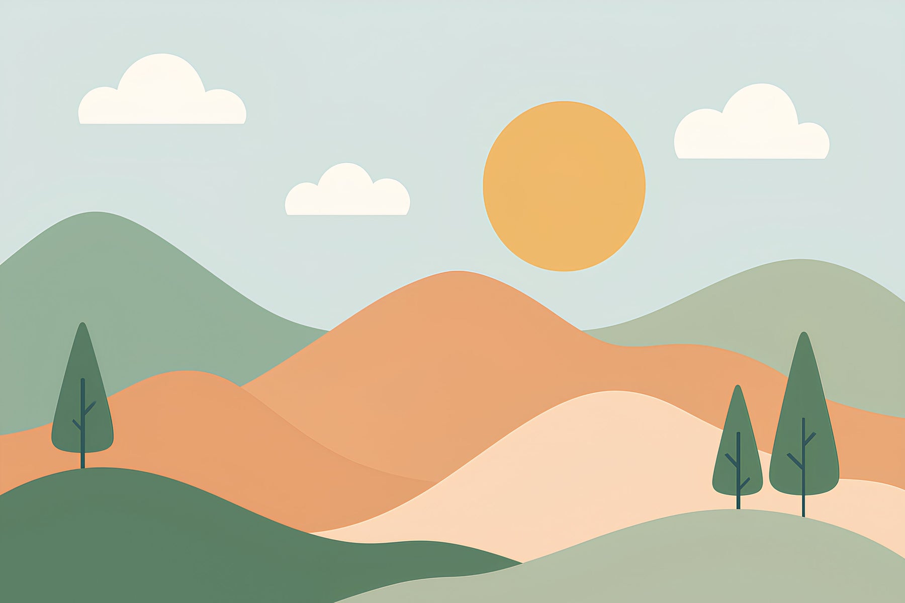 Detailed soft hills landscape mural wallpaper design pattern with sun and trees by Kids-Mundo
