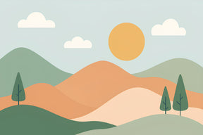 Detailed soft hills landscape mural wallpaper design pattern with sun and trees by Kids-Mundo