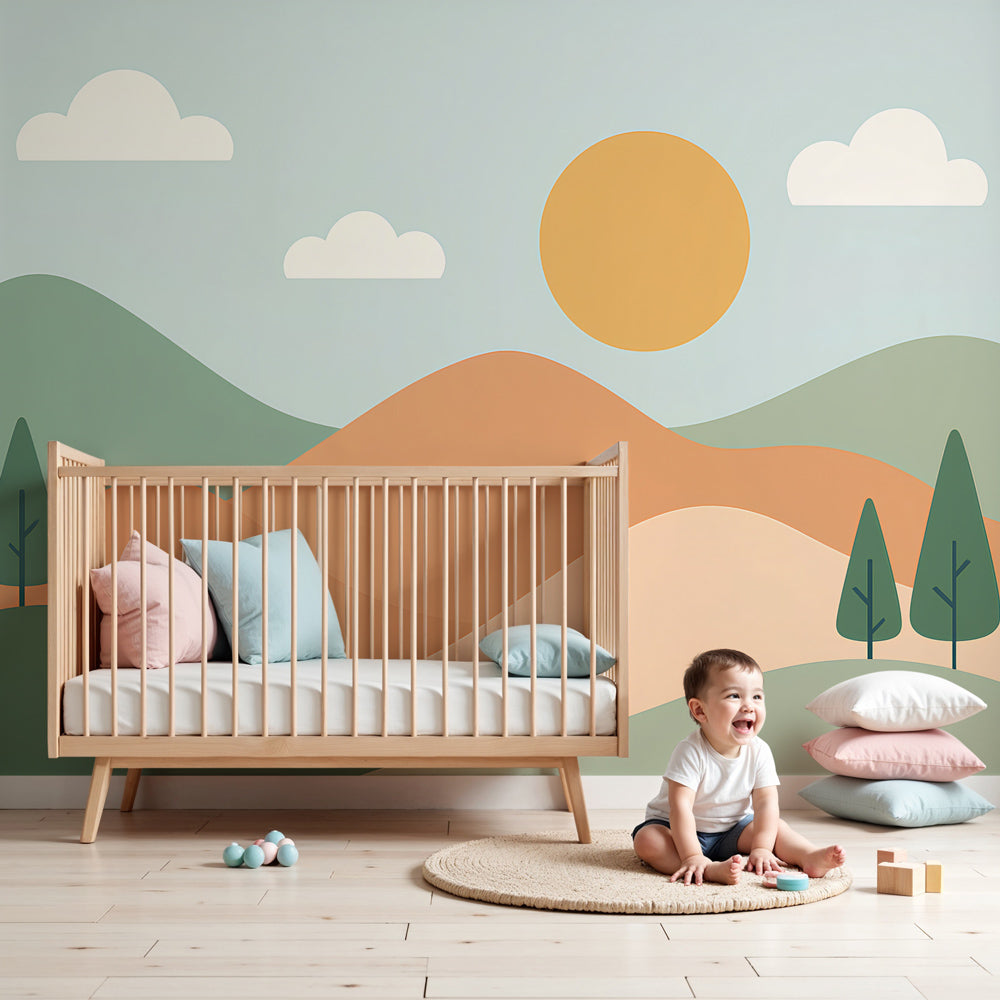 Soft colorful hills landscape mural wallpaper in modern nursery by Kids-Mundo
