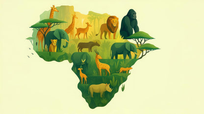 Kids-Mundo flat artwork of layered African wildlife shaped into the map of Africa