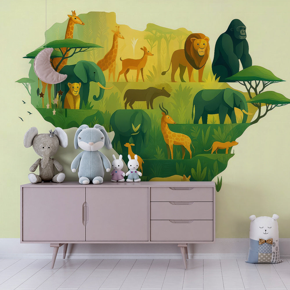 Kids-Mundo giraffes and lion wildlife map wall mural in a lively children's playroom