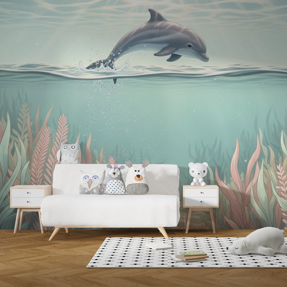 Made-to-measure dolphin wall mural by Kids-Mundo brightening a child's bedroom wall with ocean colours.
