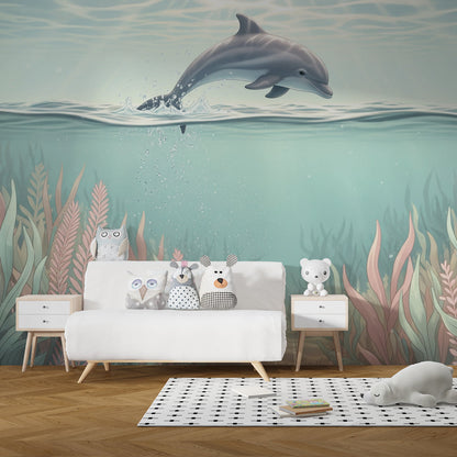 Made-to-measure dolphin wall mural by Kids-Mundo brightening a child's bedroom wall with ocean colours.