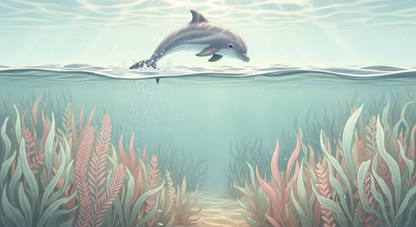 Flat artwork preview of the Kids-Mundo leaping dolphin and seagrass wall mural design in pastel tones.