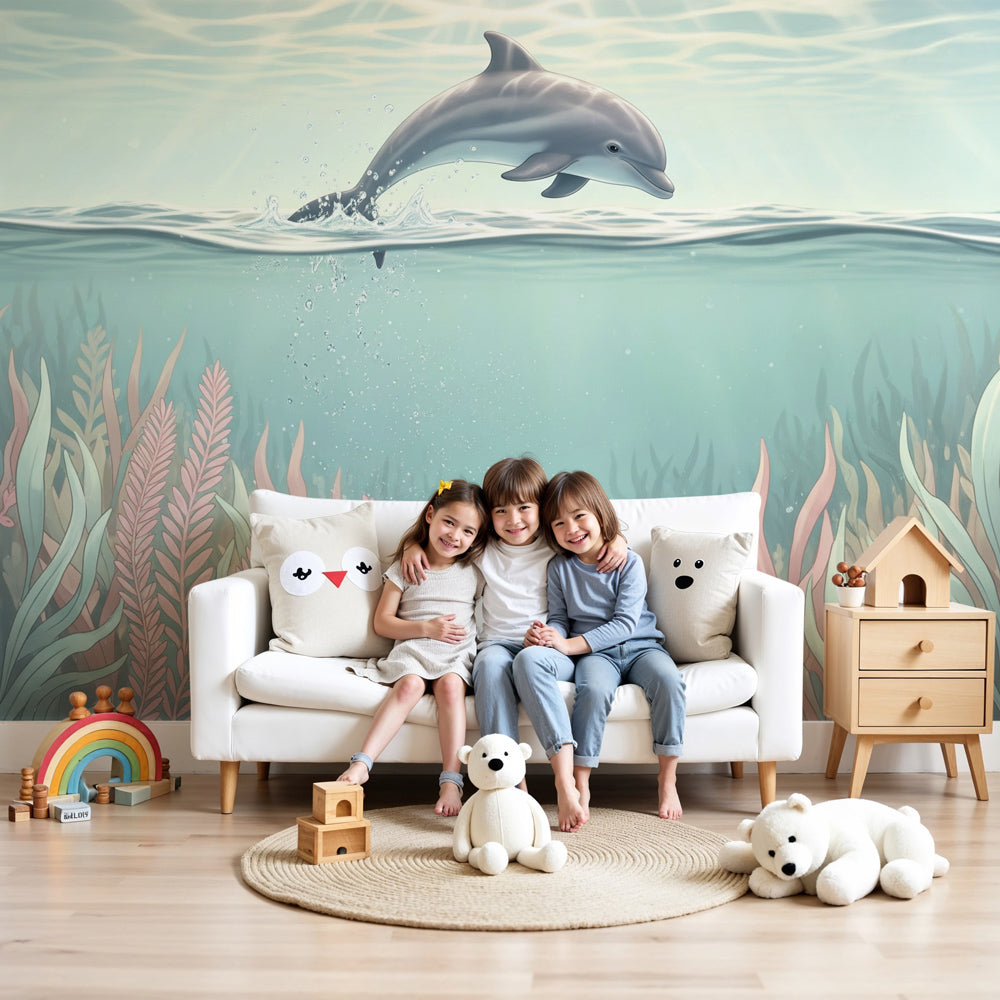 Leaping dolphin wall mural by Kids-Mundo in a soft pastel nursery with gentle seagrass tones and morning light.