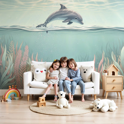 Leaping dolphin wall mural by Kids-Mundo in a soft pastel nursery with gentle seagrass tones and morning light.