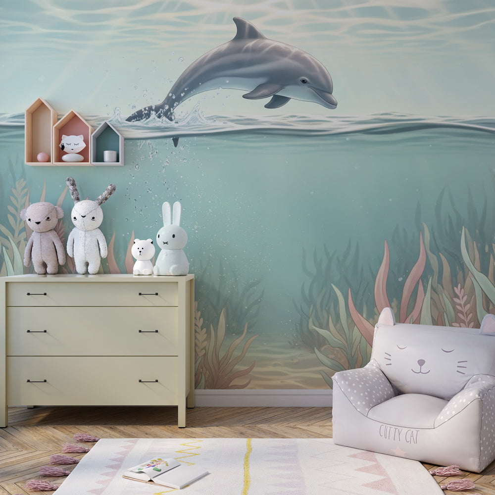Kids-Mundo leaping dolphin wall mural adding a playful ocean scene to a children's playroom wall.