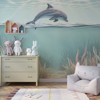 Kids-Mundo leaping dolphin wall mural adding a playful ocean scene to a children's playroom wall.