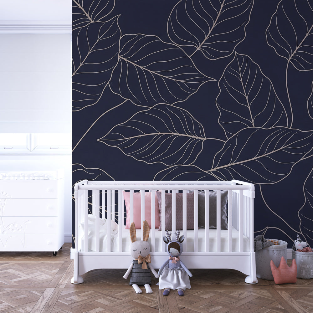 Sophisticated botanical mural wallpaper transforming children's playroom with elegant design
