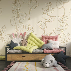 Nature-inspired leaves mural wallpaper with soft beige tones for peaceful kids room