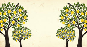 Detailed lemon tree mural wallpaper design pattern with golden citrus and birds by Kids-Mundo