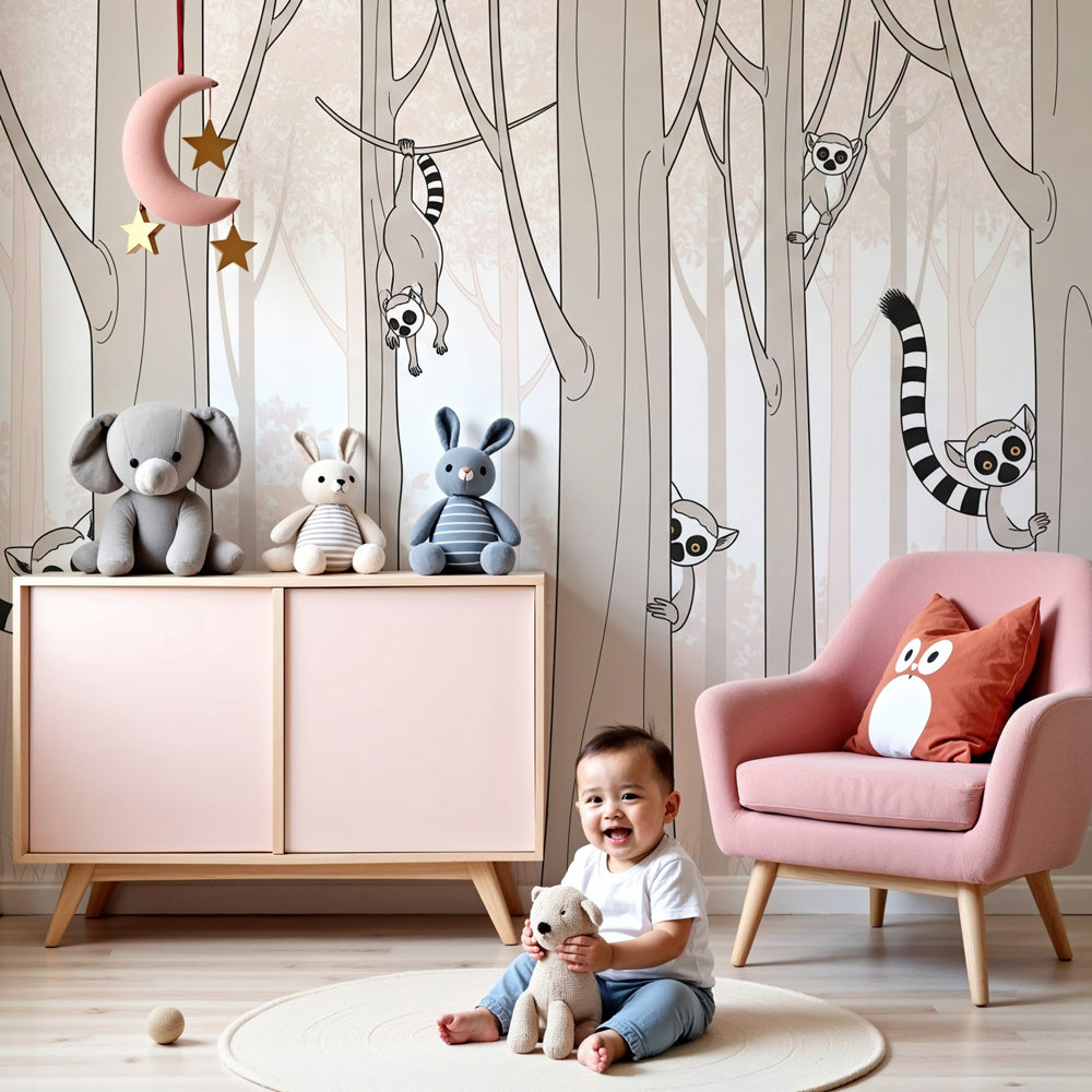Lemur forest mural wallpaper creating magical woodland atmosphere in modern kids nursery by Kids-Mundo