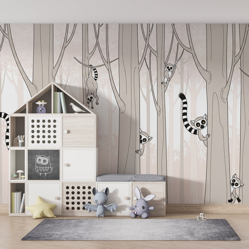 Forest animal mural wallpaper with lemurs creating educational and calming kids playroom decor