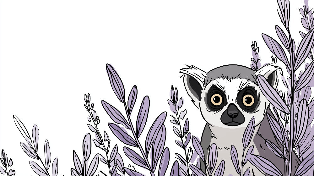Detailed curious lemur and purple foliage mural wallpaper design pattern by Kids-Mundo