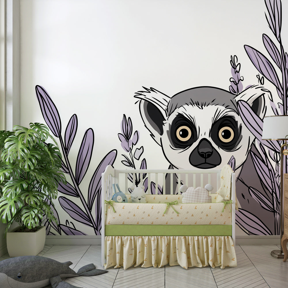 Purple lemur wallpaper creating peaceful atmosphere in children's bedroom with natural decor