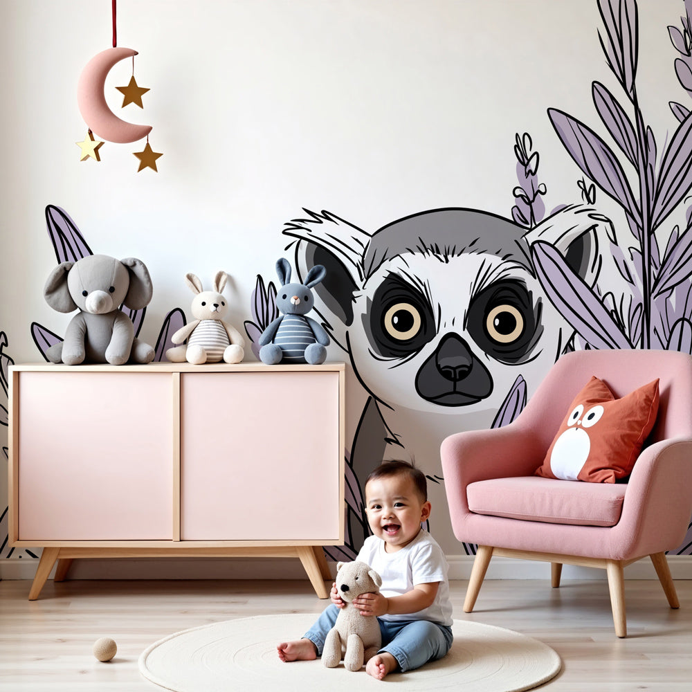 Curious lemur mural wallpaper with purple foliage decorating modern nursery room by Kids-Mundo