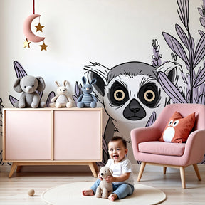 Curious lemur mural wallpaper with purple foliage decorating modern nursery room by Kids-Mundo