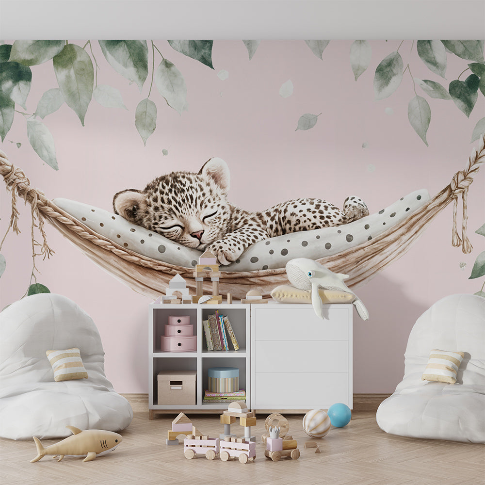 Kids-Mundo sleepy leopard cub wall mural as a feature wall in a kids' bedroom