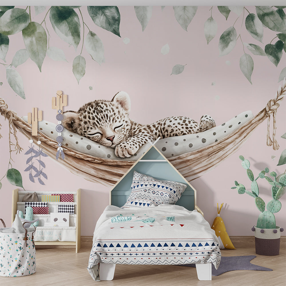 Kids-Mundo leopard cub wall mural bringing gentle charm to a children's playroom