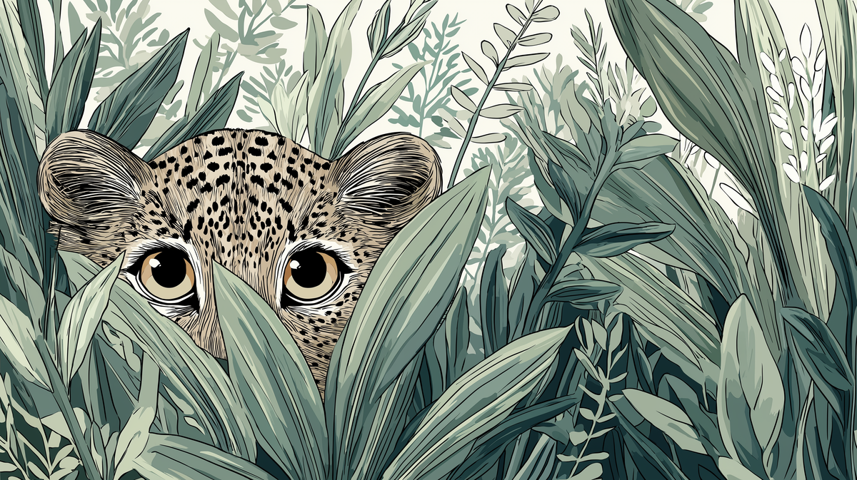 Leopard Cub Peeking Through Jungle Leaves Wall Mural