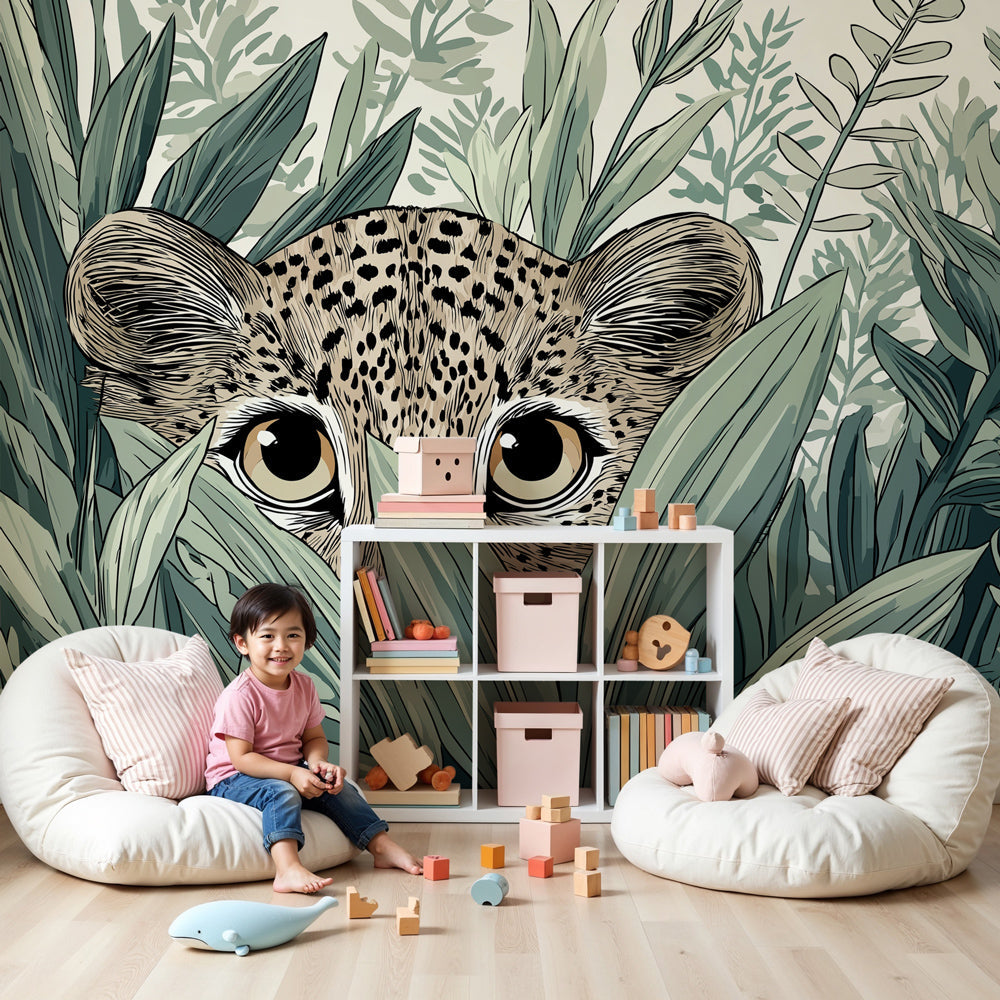 Kids-Mundo leopard cub jungle wall mural shown on a feature wall in a nursery