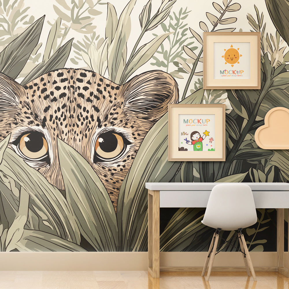 Kids-Mundo leopard cub jungle leaves wall mural shown in a playroom setting