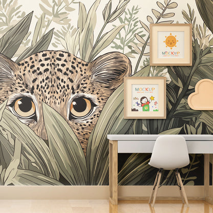 Kids-Mundo leopard cub jungle leaves wall mural shown in a playroom setting
