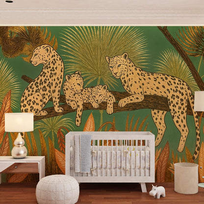 Kids-Mundo leopard family mural styled on a kids bedroom wall in rich rust and amber tones.