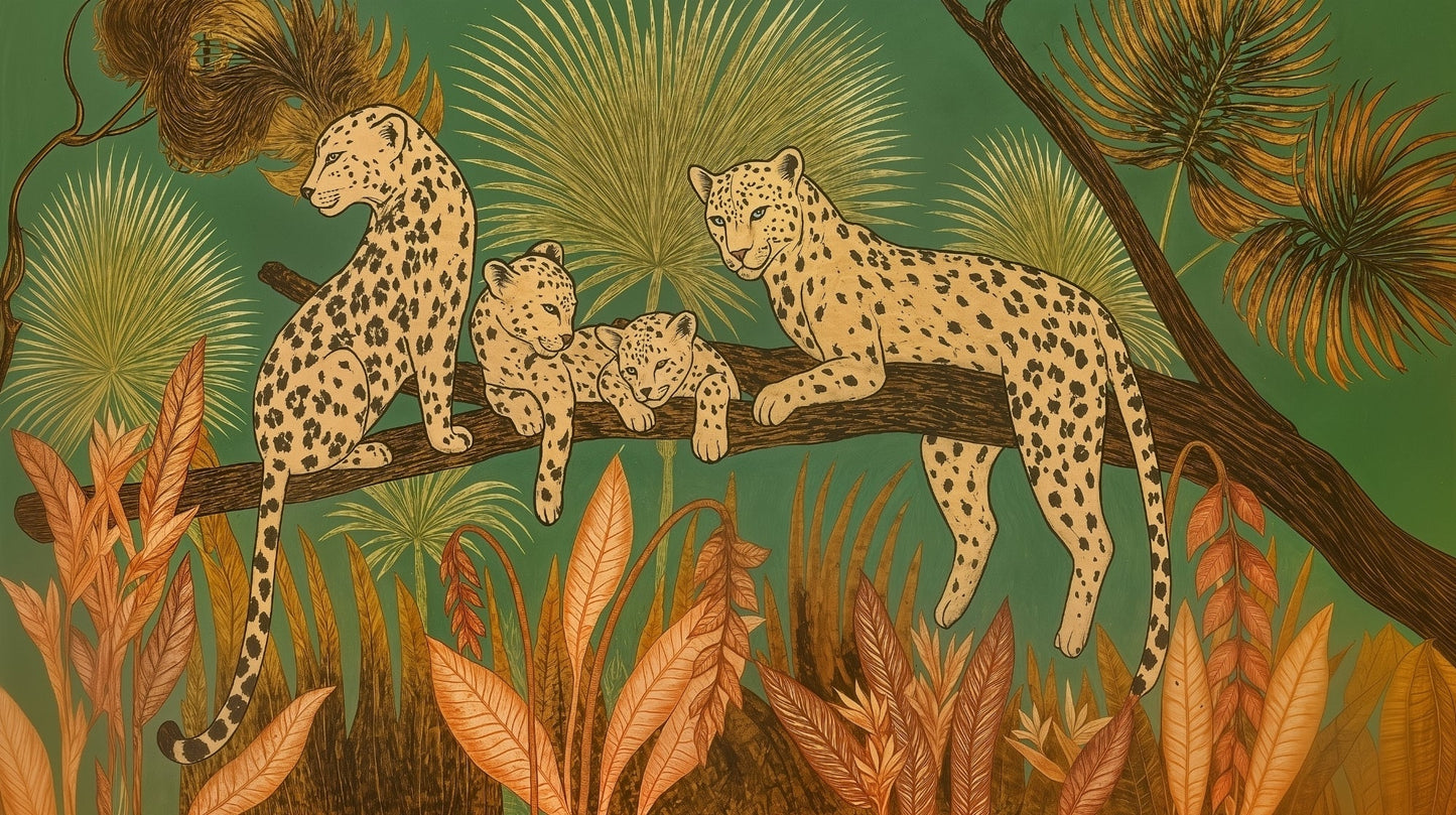 Kids-Mundo flat artwork of a leopard family resting on a branch amid warm jungle foliage.