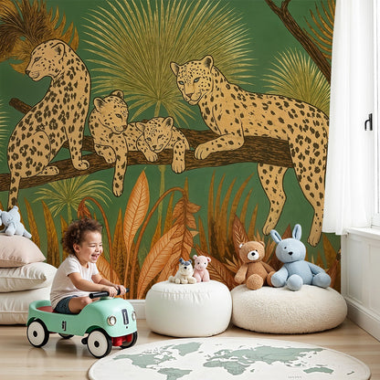 Kids-Mundo leopard family wall mural made to measure for a warm, cosy nursery feature wall.