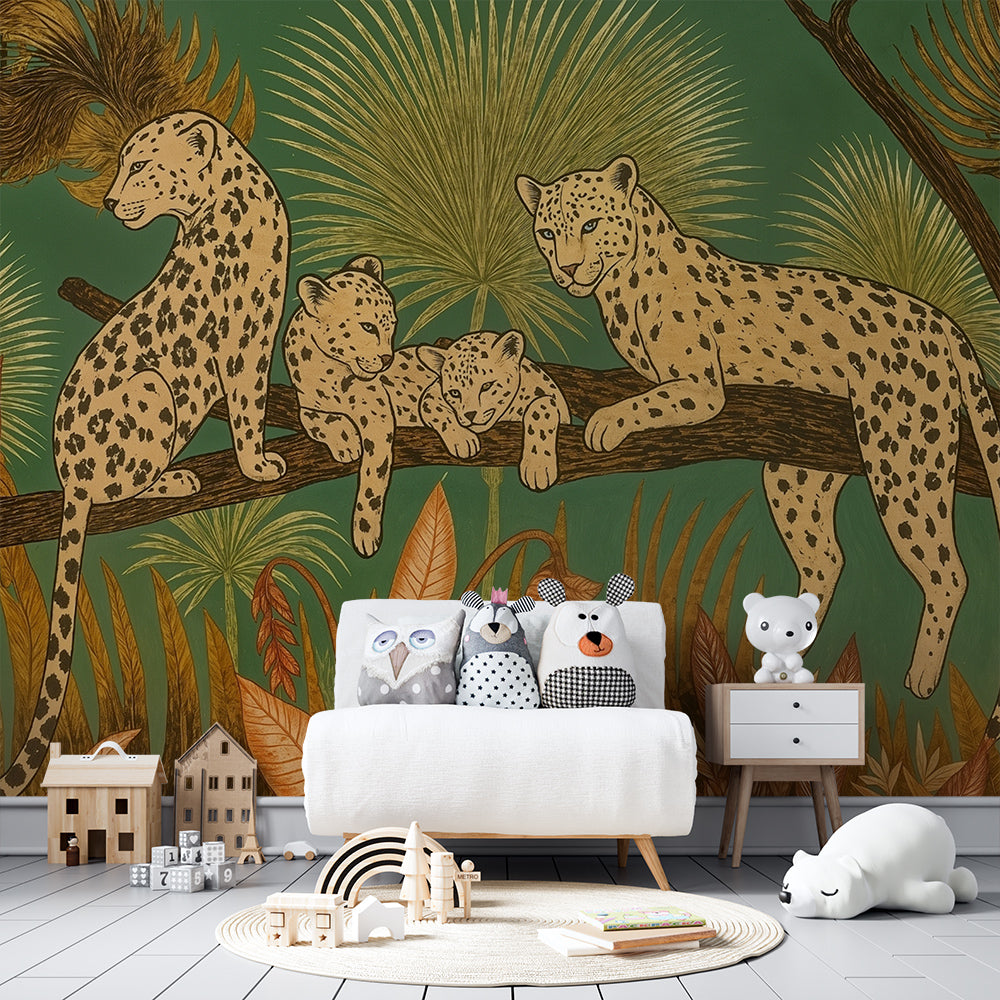 Kids-Mundo leopard wall mural bringing warm jungle colour to a playroom feature wall.