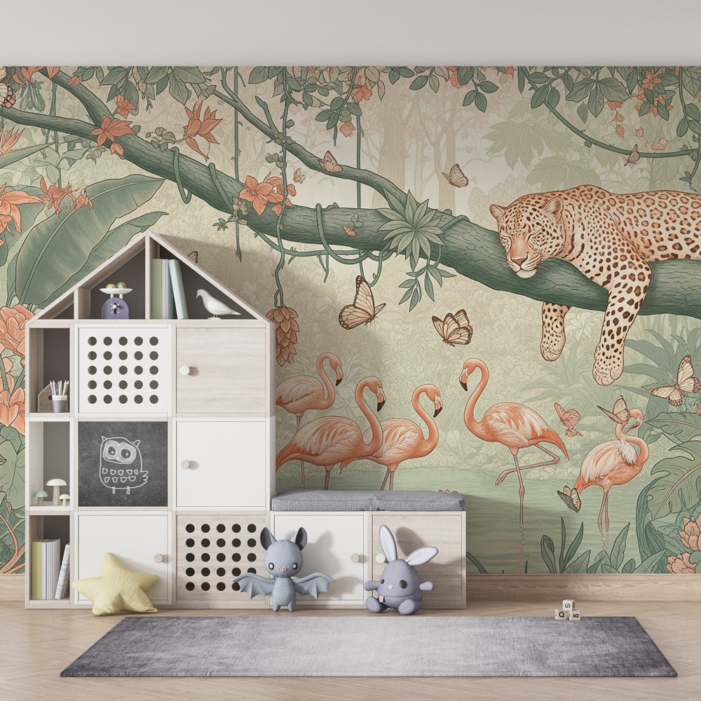 Kids-Mundo jungle wall mural with leopard and flamingos covering a kids' bedroom feature wall