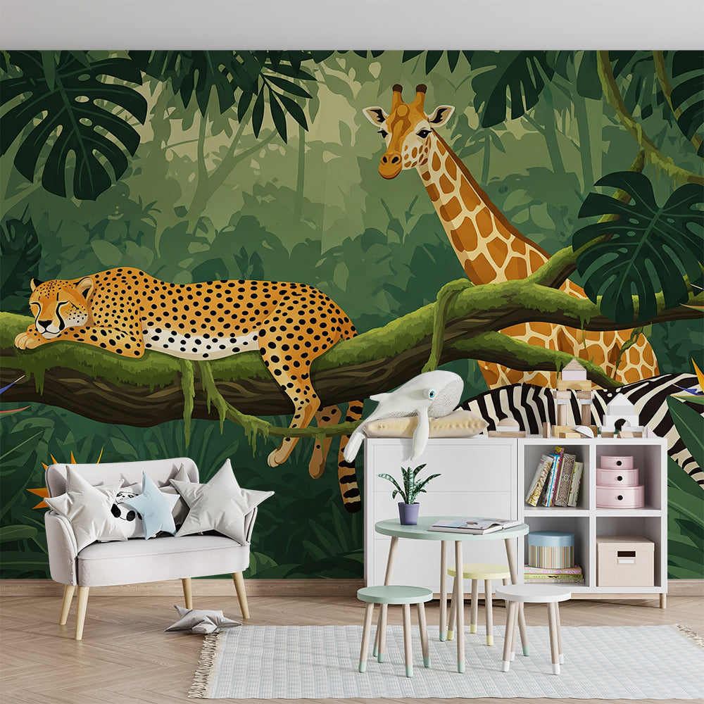 Kids-Mundo leopard giraffe and zebra wall mural with tropical flowers shown in a playroom