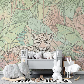 Safari leopard wallpaper creating tropical kids bedroom decor with natural furniture
