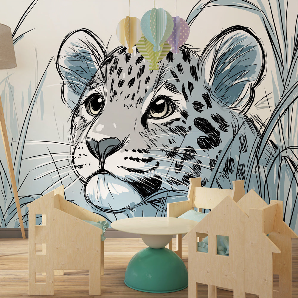 Curious leopard wallpaper creating safari adventure theme in kids bedroom