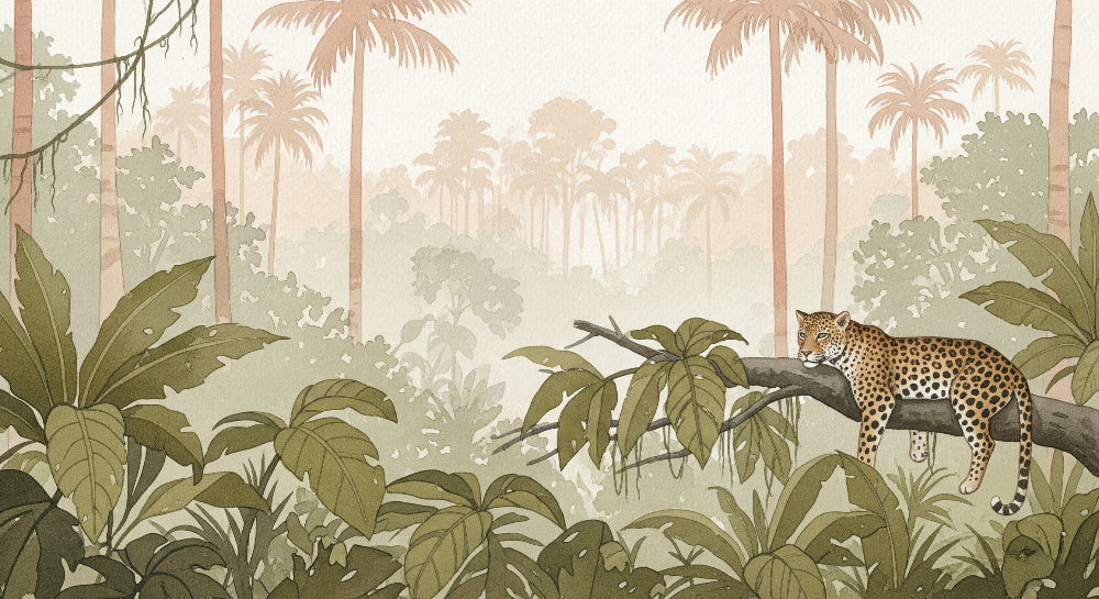 Detailed leopard jungle mural wallpaper design pattern showing peaceful safari scene by Kids-Mundo