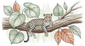 Detailed leopard on branch mural wallpaper design pattern with terracotta foliage by Kids-Mundo
