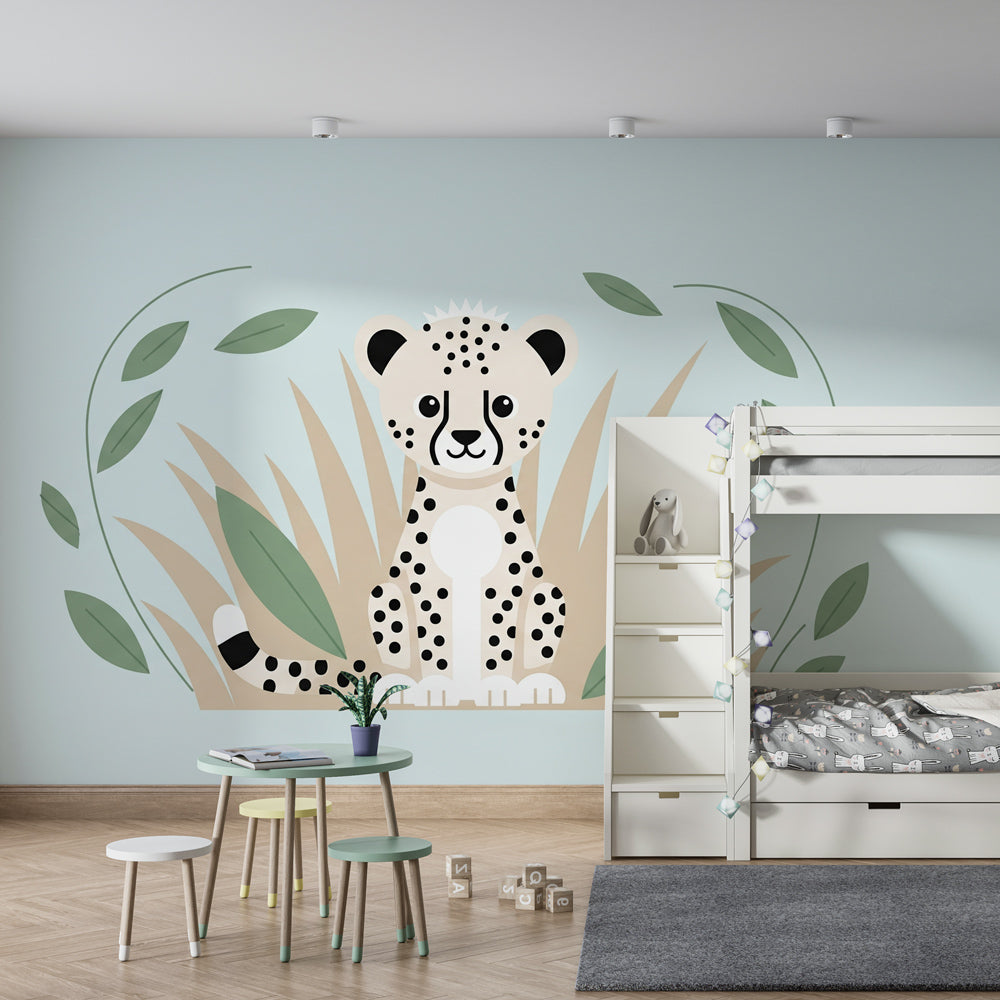 Gentle safari leopard mural wallpaper transforming toddler bedroom by Kids-Mundo