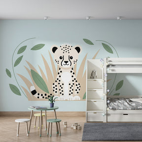 Gentle safari leopard mural wallpaper transforming toddler bedroom by Kids-Mundo