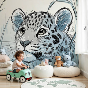 Leopard jungle mural wallpaper in modern nursery with natural decor by Kids-Mundo