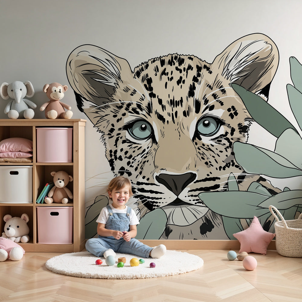 Leopard jungle mural wallpaper creating adventurous nursery decor with curious cub design by Kids-Mundo